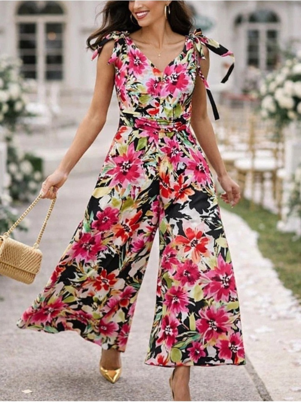 Zara Floral Wide-Leg Feminine Jumpsuit Women’s XS Vibrant Botanical Pink & Black